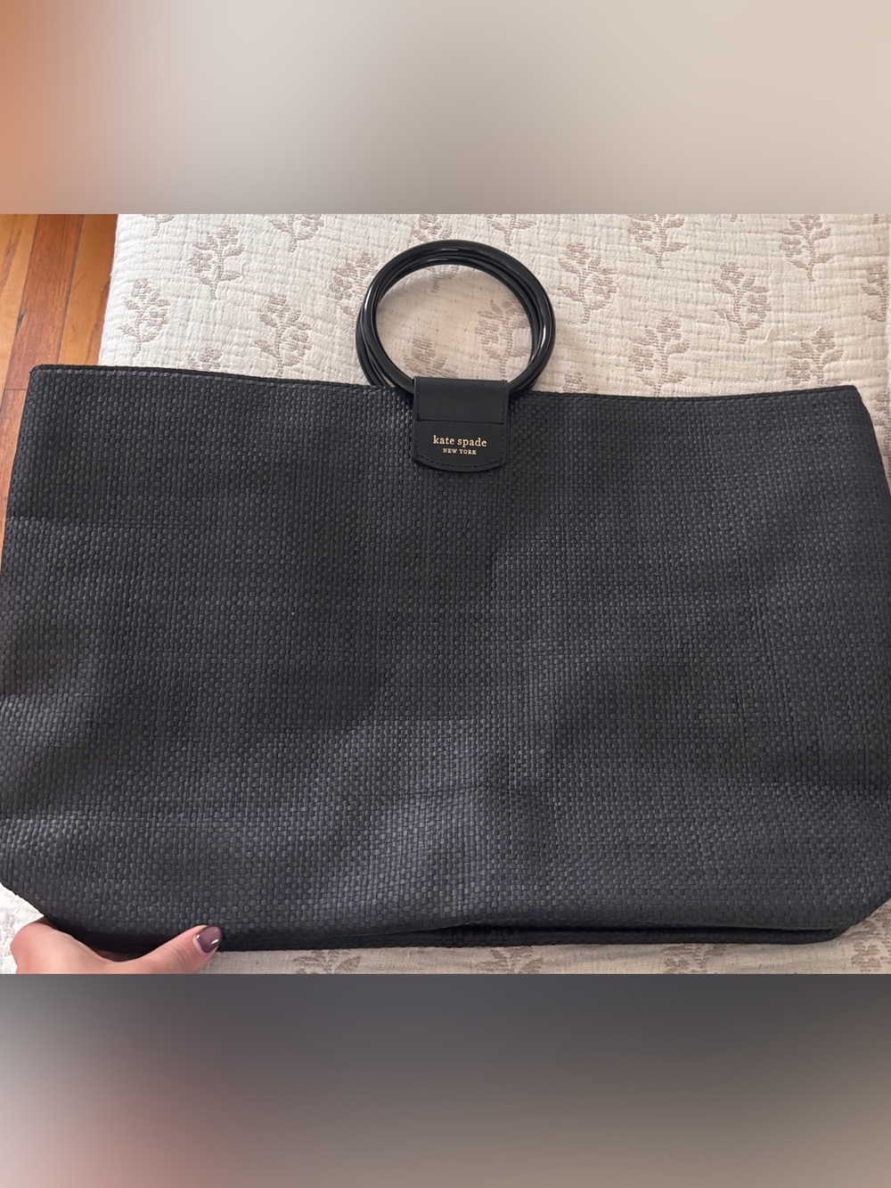 Kate Spade Black Woven Ring Handle Oversized Tote Bag